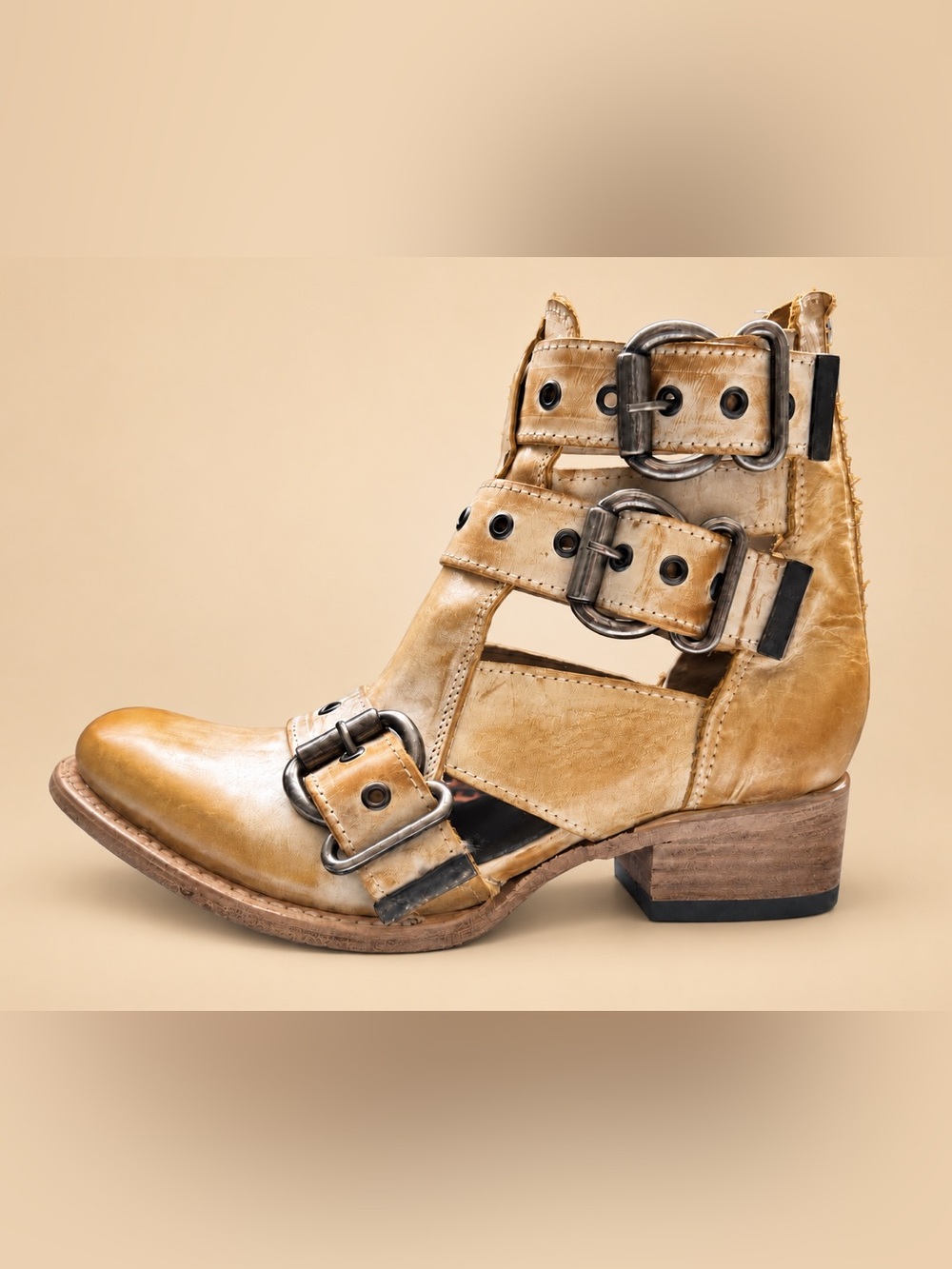 Freebird Grace Banana Leather Buckle Booties Size 7 NEW Box & Dust Bags
